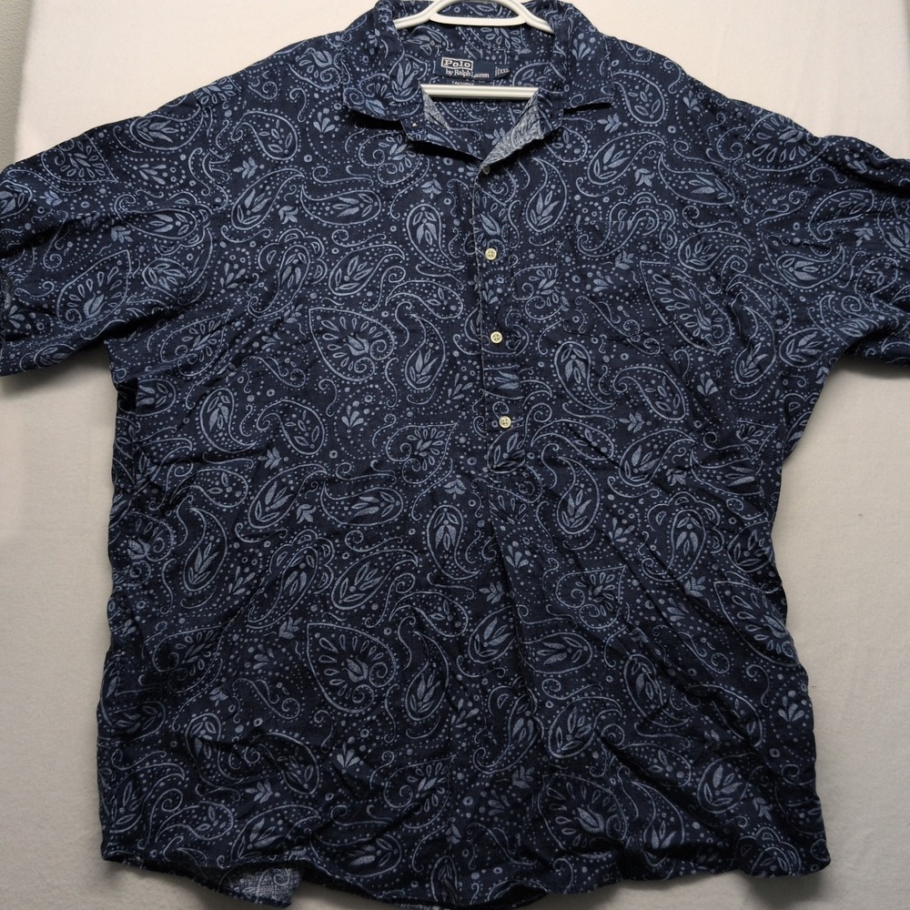 Polo Ralph Lauren Shirt Linen Paisley Cambridge Blue Half Button Pullover Sz 2XL